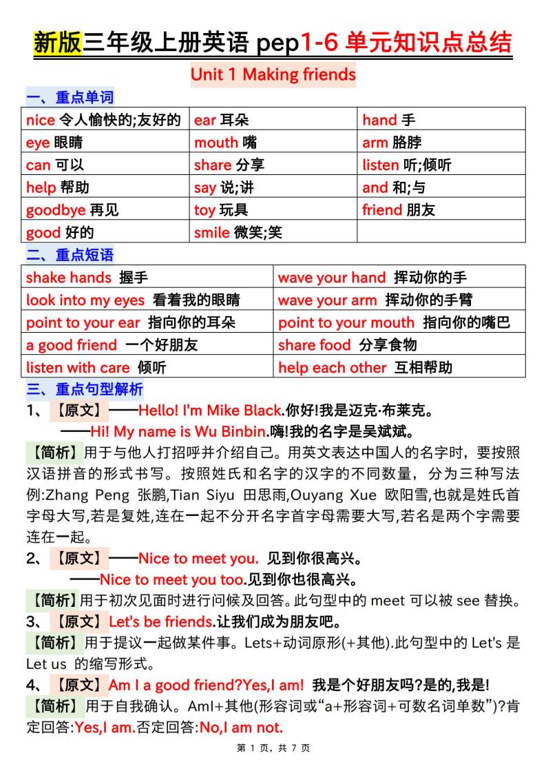 新版三上英语1-6单元知识点总结（人教PEP）7页-智享云联
