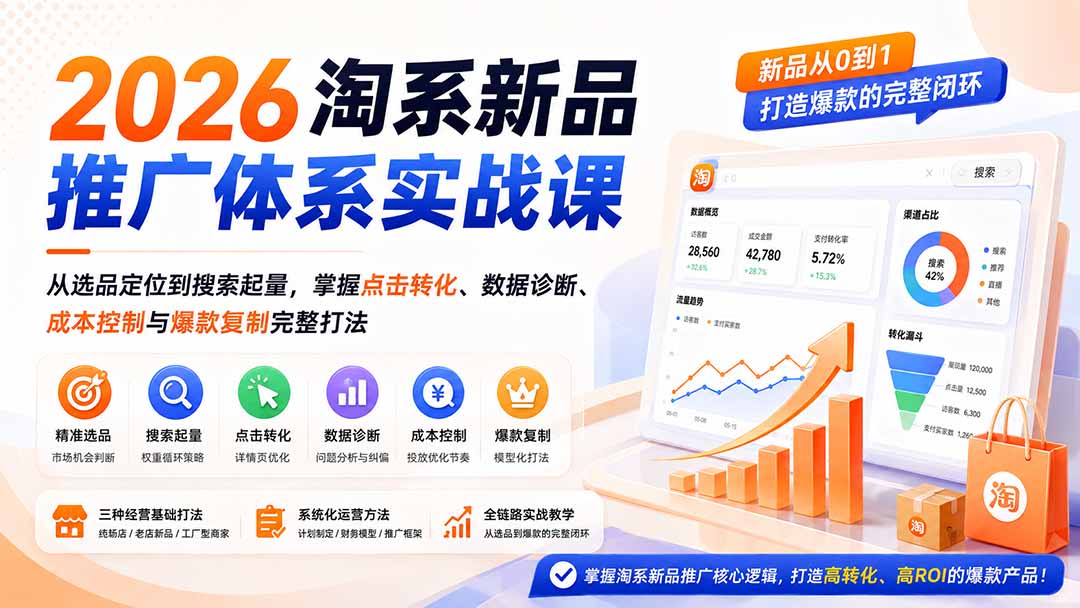 2026淘系新品推广体系实战课：从选品定位到搜索起量，掌握点击转化、数据诊断、成本控制与爆款复制完整打法-智享云联
