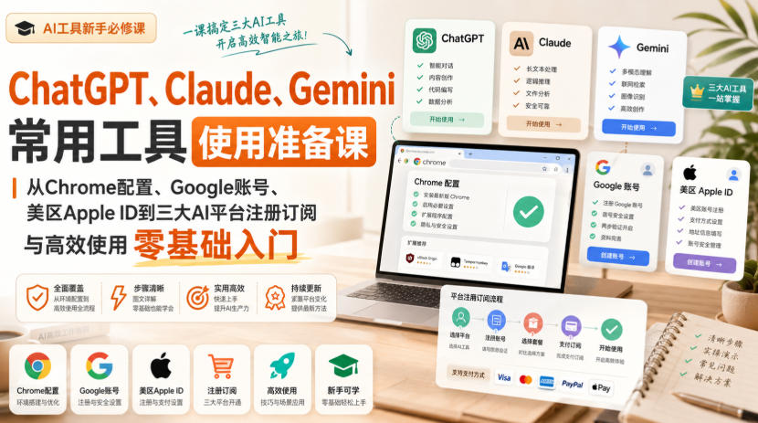 ChatGPT、Claude、Gemini常用工具使用准备课|从Chrome配置、Google账号、美区Apple ID到三大AI平台注册订阅与高效使用零基础入门-智享云联