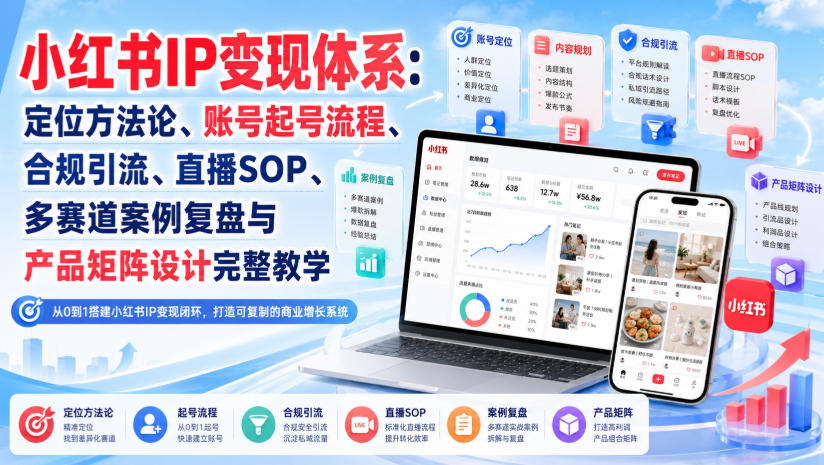 小红书IP变现体系:定位方法论、账号起号流程、合规引流、直播SOP、多赛道案例复盘与产品矩阵设计完整教学-智享云联