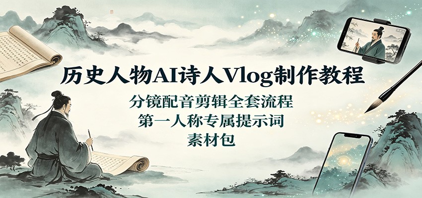 历史人物AI诗人Vlog制作教程：分镜配音剪辑全套流程，第一人称专属提示词素材包-智享云联