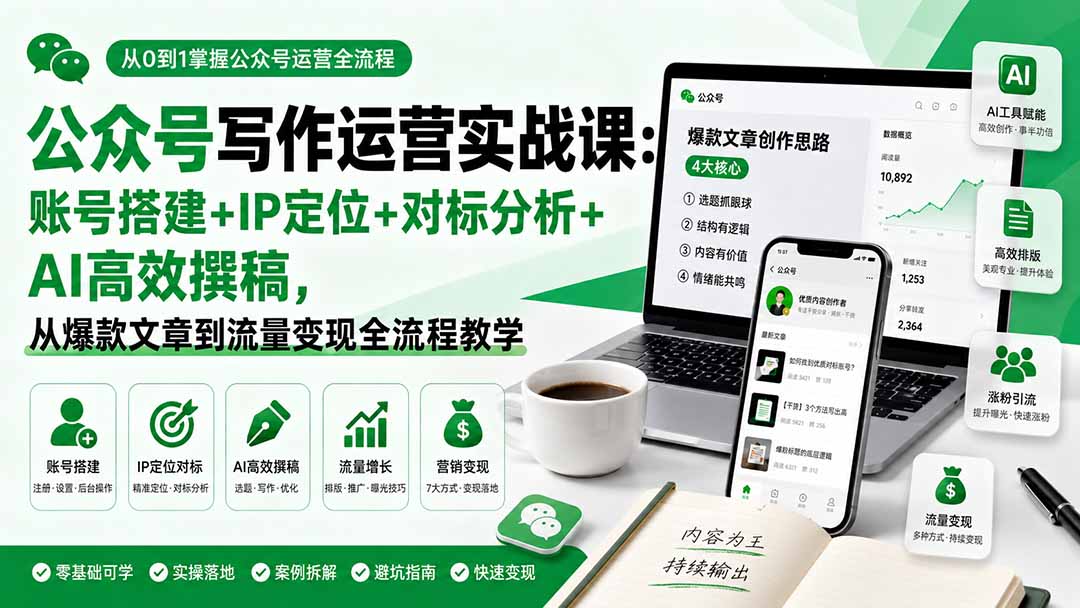 公众号写作运营实战课:账号搭建+IP定位+对标分析+AI高效撰稿,从爆款文章到流量变现全流程教学-智享云联