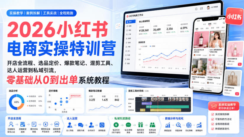 2026小红书电商实操特训营|开店全流程、选品定价、爆款笔记、混剪工具、达人运营到私域引流,零基础从0到出单系统教程-智享云联