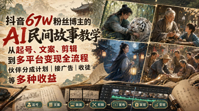 抖音67W粉丝博主的AI民间故事教学，从起号、文案、剪辑到多平台变现全流程，伙伴分成计划接广告等多种收益，月入1W+-智享云联