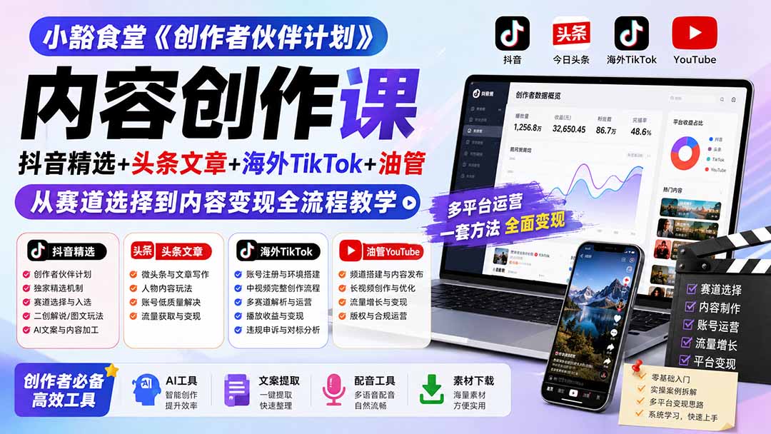 小豁食堂《创作者伙伴计划》内容创作课:抖音精选+头条文章+海外TikTok+油管,从赛道选择到内容变现全流程教学-智享云联