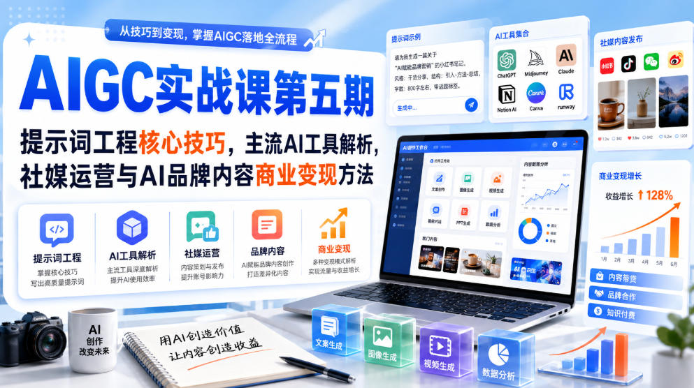 刺猬星球·AIGC实战课第五期，提示词工程核心技巧，主流AI工具解析，社媒运营与AI品牌内容商业变现方法-智享云联