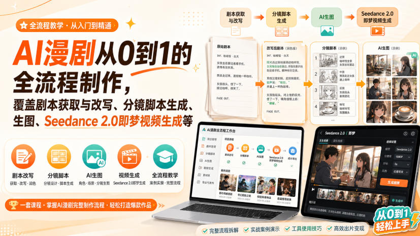 AI漫剧从0到1的全流程制作，覆盖剧本获取与改写、分镜脚本生成、角色场景生图与三视图、Seedance 2.0即梦视频生成(PDF版)-智享云联