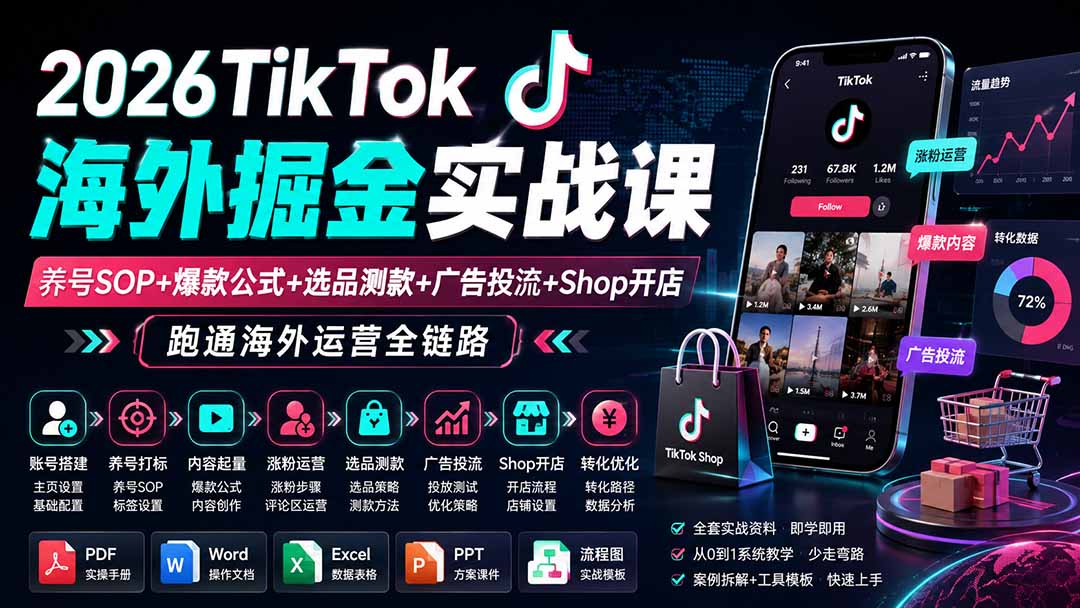 2026TikTok海外掘金实战课——养号SOP+爆款公式+选品测款+广告投流+Shop开店,跑通海外运营全链路-智享云联