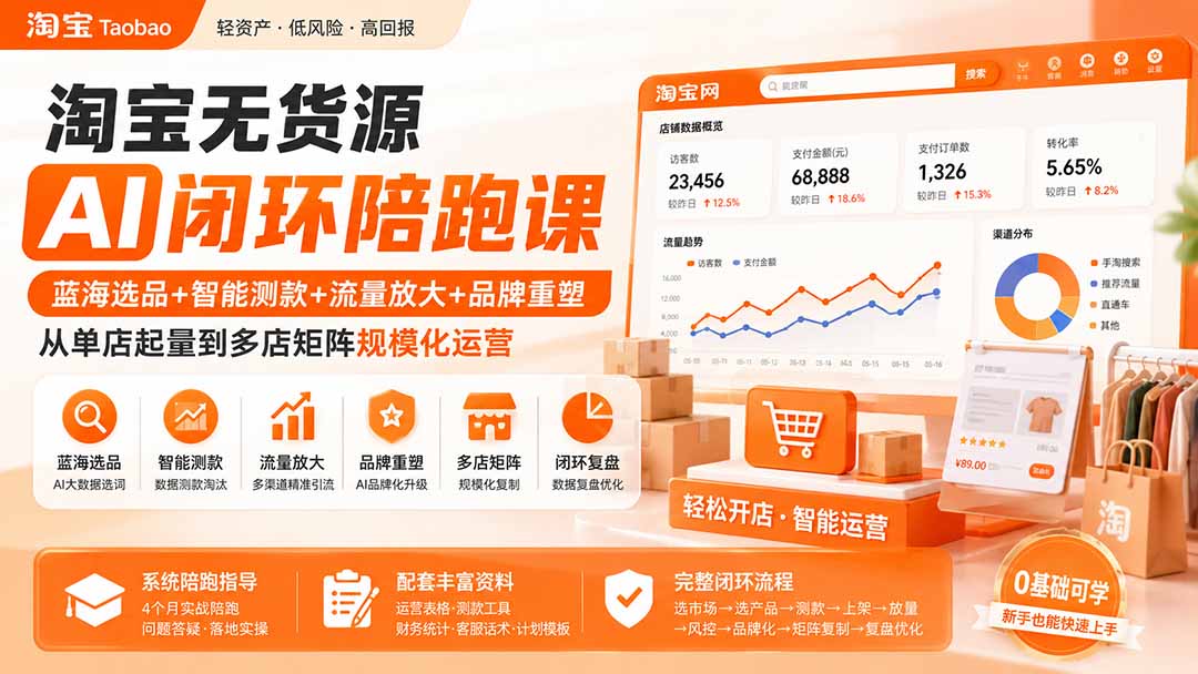 淘宝无货源AI闭环陪跑课:蓝海选品+智能测款+流量放大+品牌重塑,从单店起量到多店矩阵规模化运营-智享云联