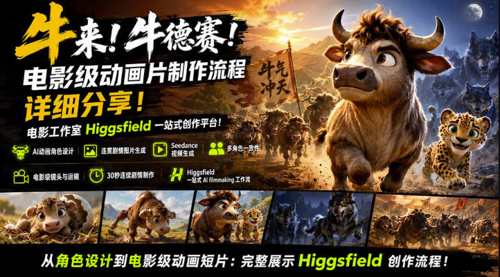 牛来!牛德赛!电影级动画片制作流程详细分享!电影工作室Higgsfield一站式创作平台,完整创作流程-智享云联