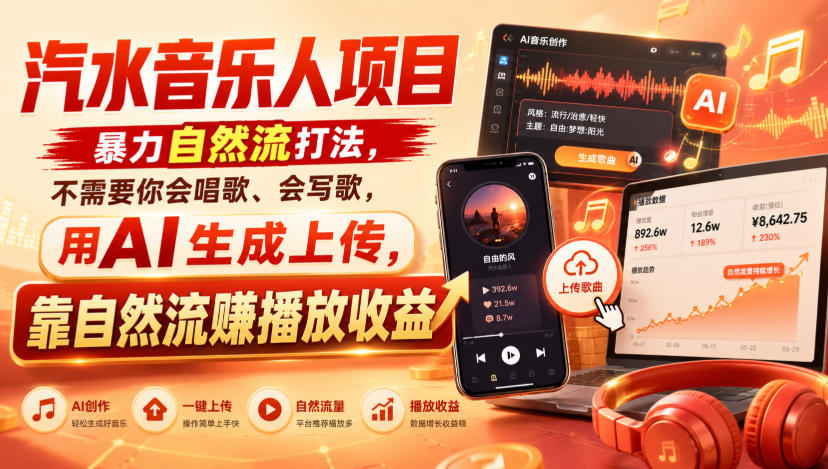 汽水音乐人项目,暴力自然流打法,不需要你会唱歌、会写歌,用AI生成上传,靠自然流賺播放收益-智享云联
