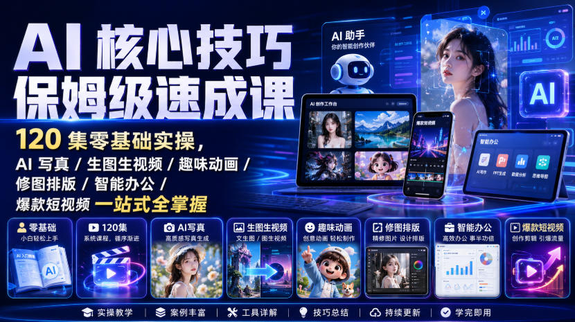 AI核心技巧保姆级速成课|120集零基础实操,AI写真/生图生视频/趣味动画/修图排版/智能办公/爆款短视频一站式全掌握(更新)-智享云联