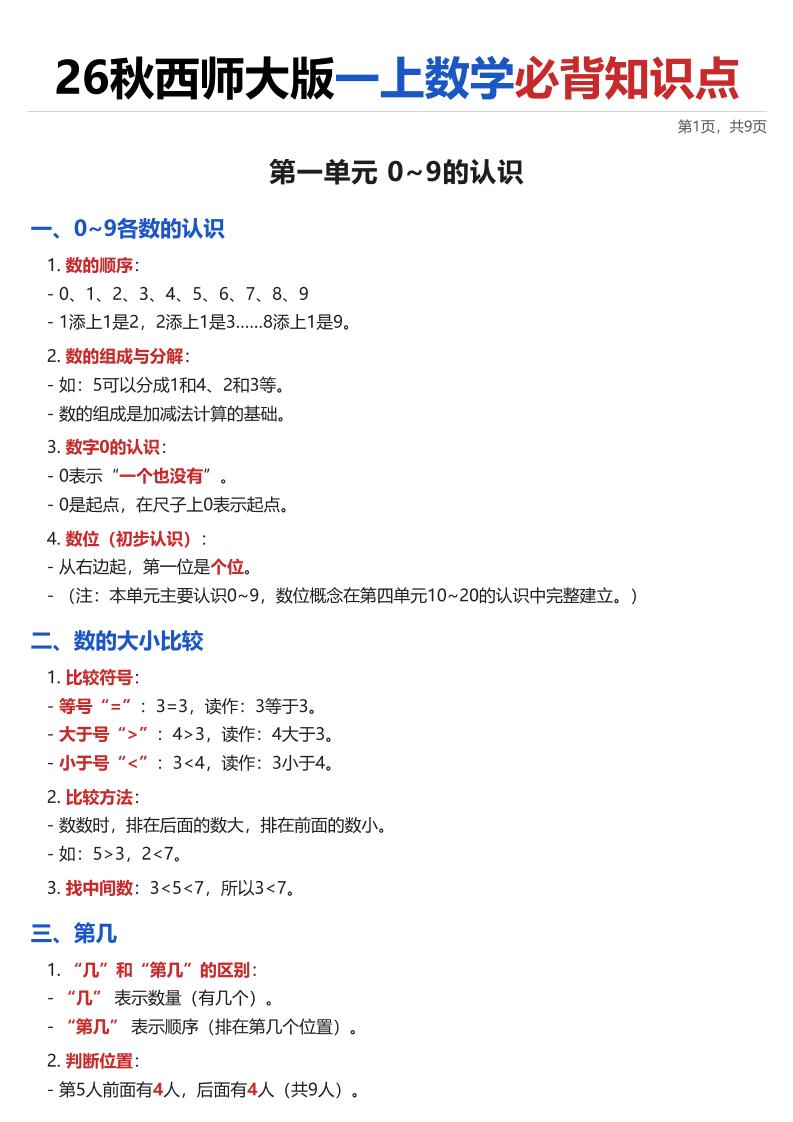 26秋西师大版一上数学·必背知识点(全册)-智享云联