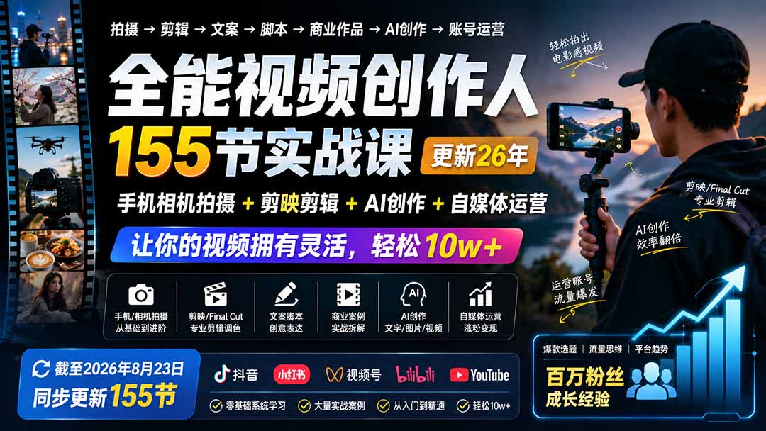 全能视频创作人155节实战课-更新26年8月:手机相机拍摄+剪映剪辑+AI创作+自媒体运营,让你的视频拥有灵活,轻松10w-智享云联