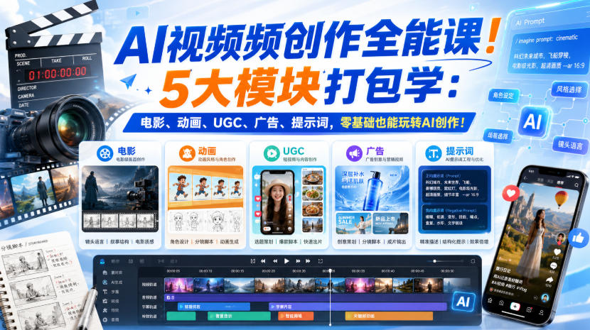 AI视频频创作全能课！5大模块打包学：电影、动画、UGC、广告、提示词，零基础也能玩转AI创作！【原创双语字幕】-智享云联