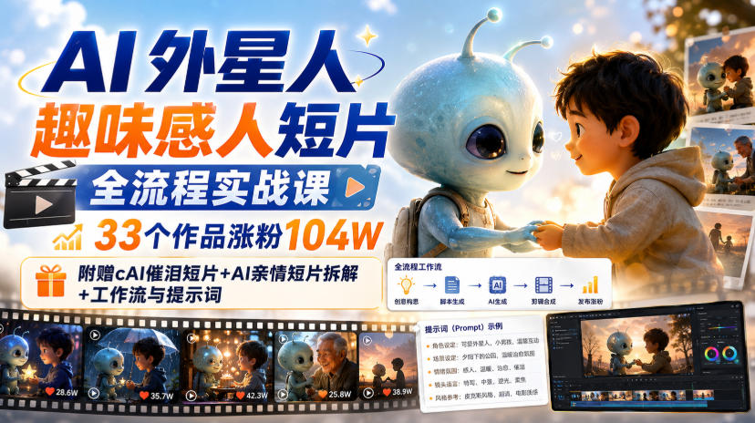 AI外星人趣味感人短片全流程实战课,33个作品涨粉104W,附赠AI催泪短片+AI亲情短片拆解+工作流与提示词-智享云联