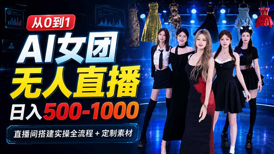 AI 女团无人直播，躺入500-1000每天，直播间搭建实操全流程+定制素材-智享云联