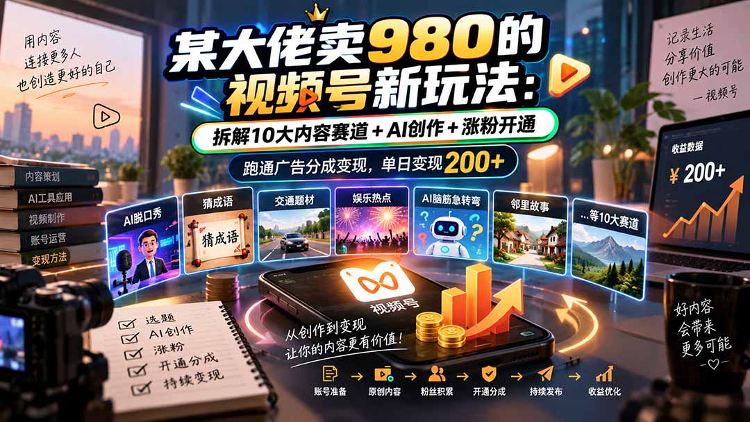 某大佬卖980的视频号新玩法:拆解10大内容赛道+AI创作+涨粉开通,跑通广告分成变现,单日变现200+-智享云联