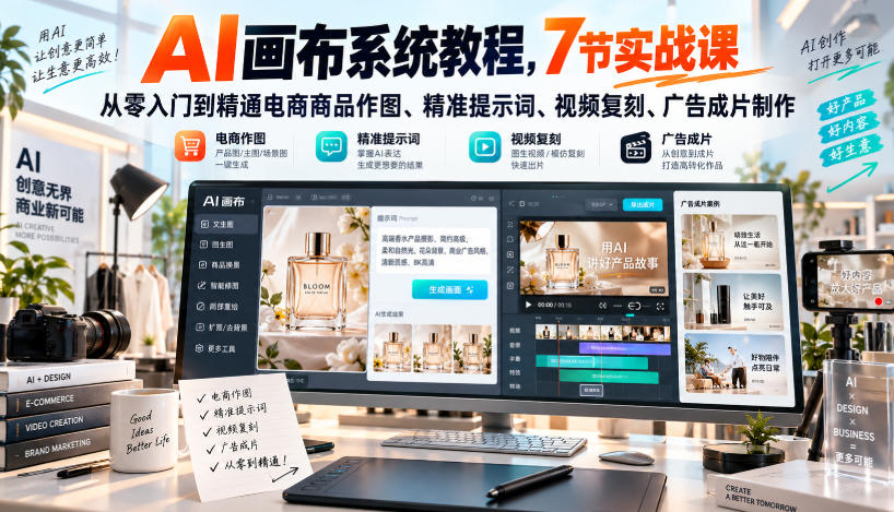 AI画布系统教程,7节实战课从零入门到精通电商商品作图、精准提示词、视频复刻、广告成片制作-智享云联