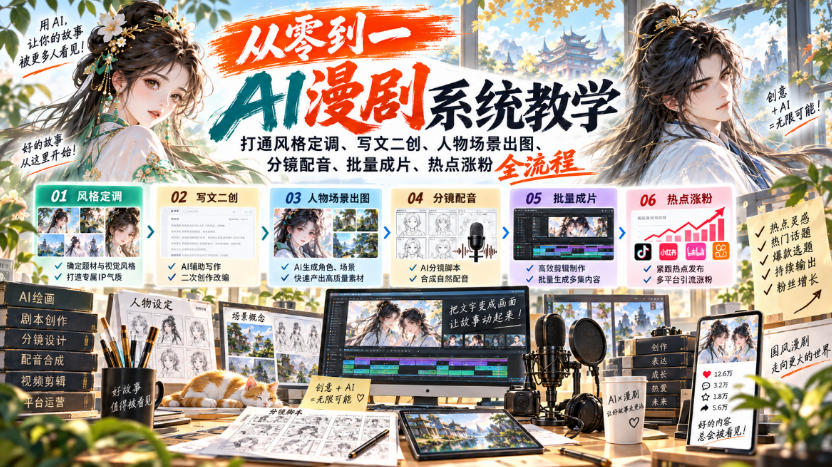 从零到一AI漫剧系统教学,打通风格定调、写文二创、人物场景出图、分镜配音、批量成片、热点涨粉全流程-智享云联