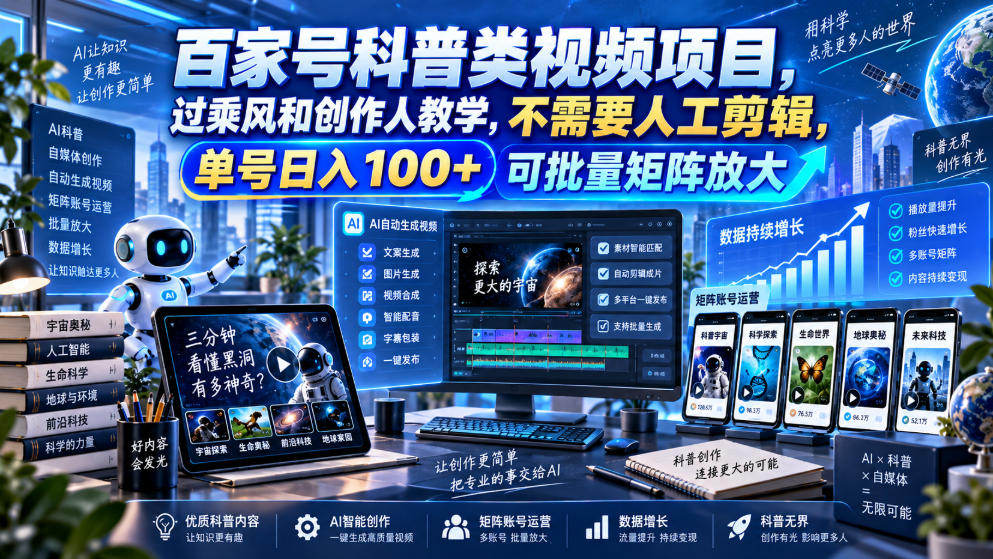 百家号科普类视频项目,过乘风和创作人教学,不需要人工剪辑,单号日入100+可批量矩阵放大-智享云联
