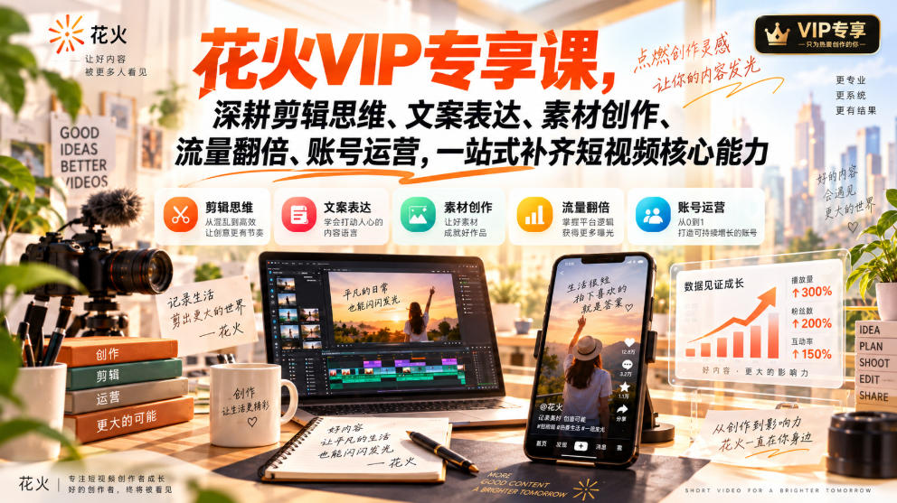 花火VIP专享课,深耕剪辑思维、文案表达、素材创作、流量翻倍、账号运营,一站式补齐短视频核心能力-智享云联