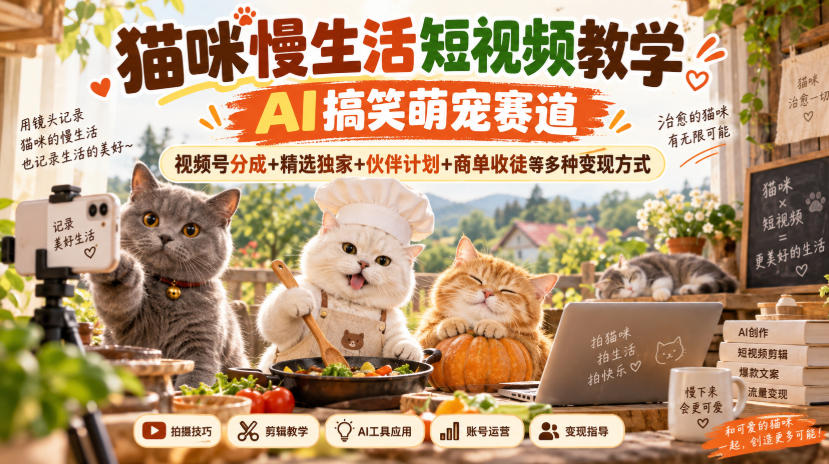 猫咪慢生活短视频教学，AI搞笑萌宠赛道，视频号分成+精选独家+伙伴计划+商单收徒等多种变现方式-智享云联