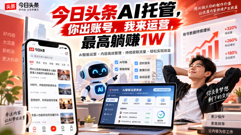 今日头条AI托管,你出账号,我来运营,最高躺賺1W【揭秘】