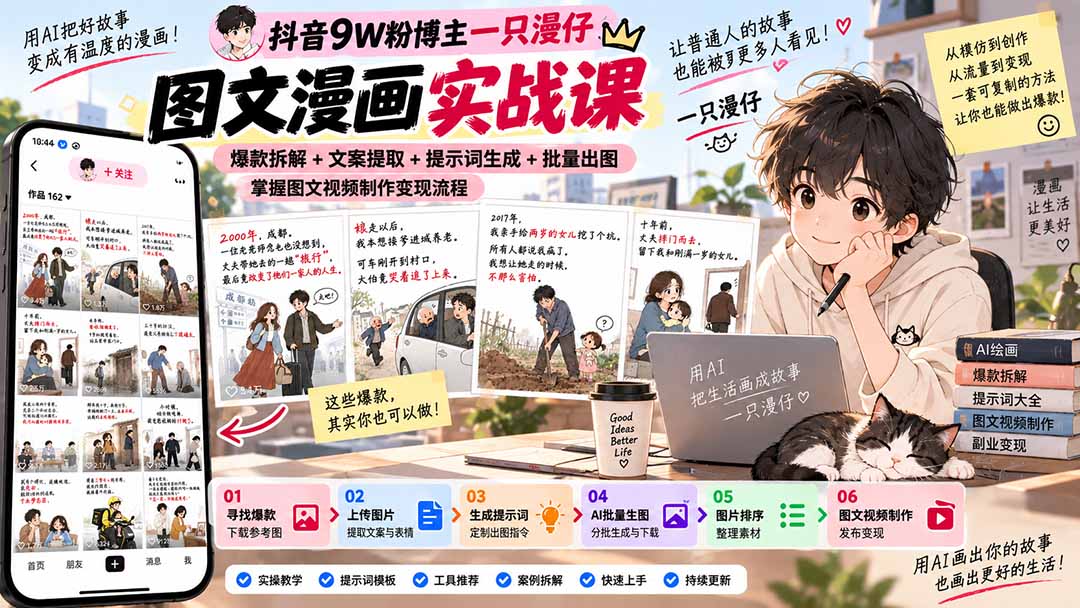 抖音9W粉博主一只漫仔图文漫画课:爆款拆解+文案提取+提示词生成+批量出图,掌握图文视频制作变现流程-智享云联
