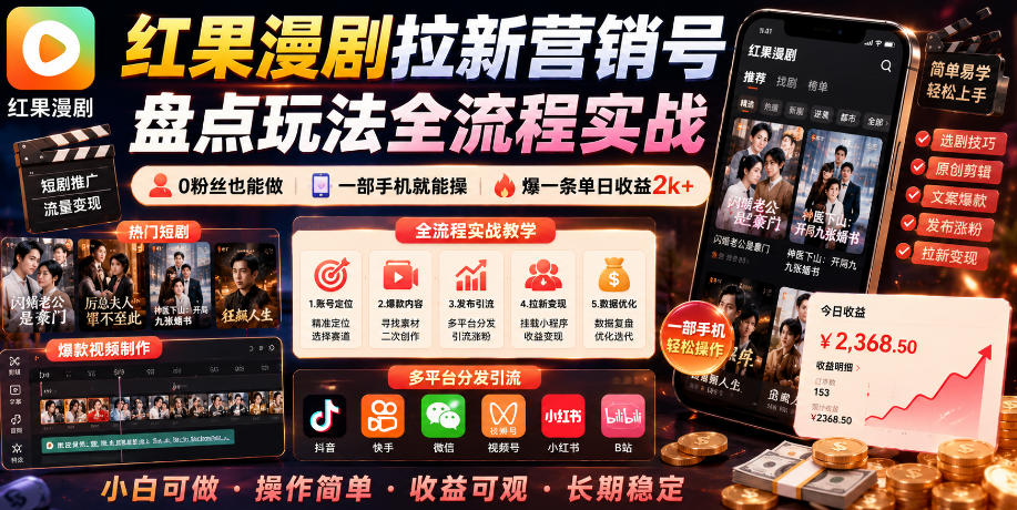 红果漫剧拉新营销号盘点玩法全流程实战,0粉丝也能做,一部手机就能做,爆一条单日收益2k+(更新0922)-智享云联