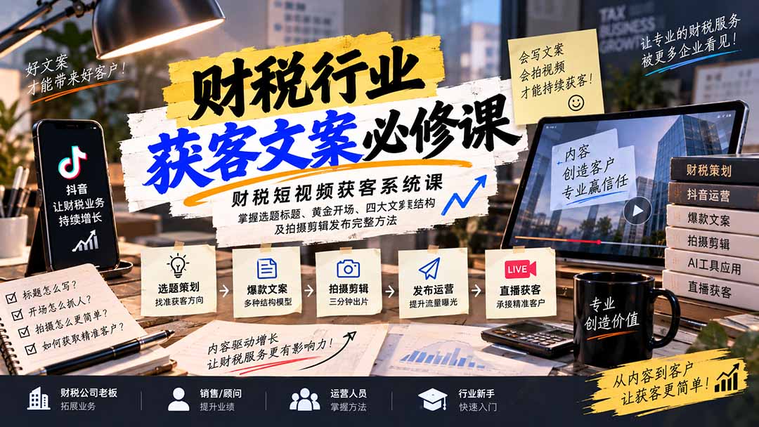 财税短视频获客系统课：掌握选题标题、黄金开场、四大文案结构及拍摄剪辑发布完整方法-智享云联