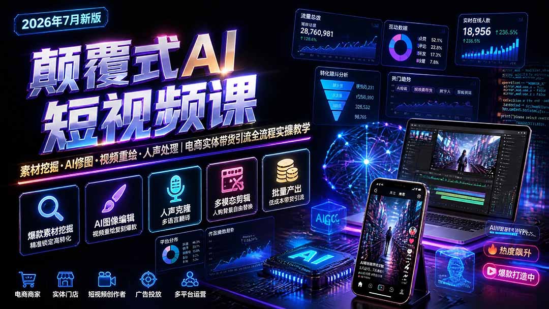 颠覆式AI短视频课-更新｜素材挖掘，AI修图，视频重绘，人声处理｜电商实体带货引流全流程实操教学-智享云联