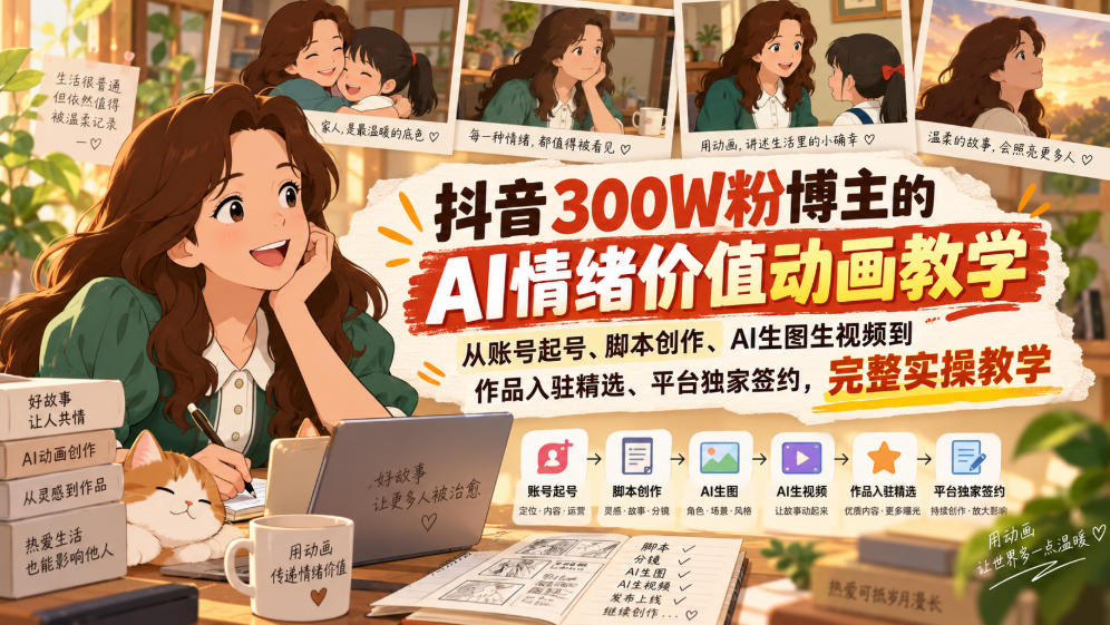 抖音300W粉博主的AI情绪价值动画教学,从账号起号、脚本创作、AI生图生视频到作品入驻精选、平台独家签约,完整实操-智享云联