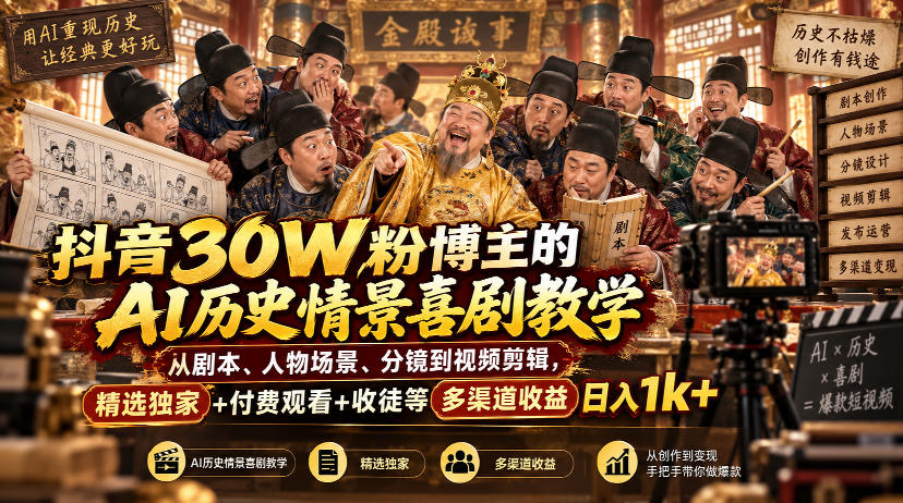抖音30W粉博主的AI历史情景喜剧教学,从剧本、人物场景、分镜到视频剪辑,精选独家+付费观看+收徒等多渠道收益日入1k+-智享云联