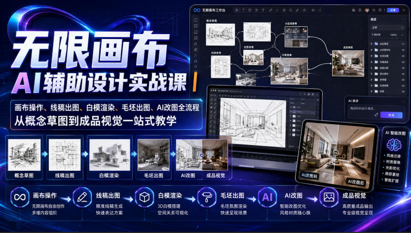 无限画布AI辅助设计实战课｜画布操作、线稿出图、白模渲染、毛坯出图、AI改图全流程，从概念草图到成品视觉一站式教学(更新0923)-智享云联