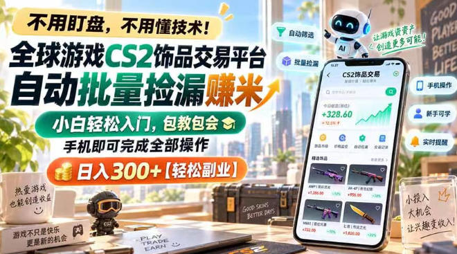 全球游戏CS2饰品交易平台自动批量捡漏賺米，小白轻松入门，包教包会，手机即可完成全部操作，日入300+【揭秘】-智享云联