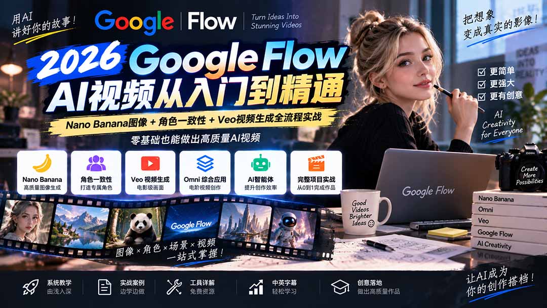 【无水印】Google Flow AI视频从入门到精通:Nano Banana图像+角色一致性+Veo视频生成全流程实战-精翻中英字幕-智享云联