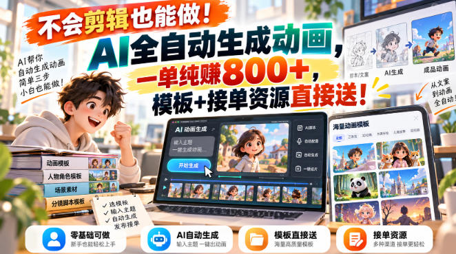 不会剪辑也能做!AI全自动生成动画,一单纯賺800+,模板+接单资源直接送!【揭秘】-智享云联
