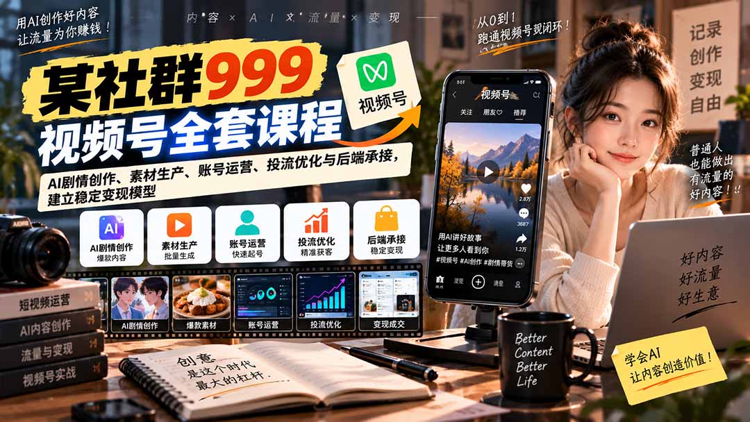 【无水印】某社群999视频号全套课程:AI剧情创作、素材生产、账号运营、投流优化与后端承接,建立稳定变现模型-智享云联