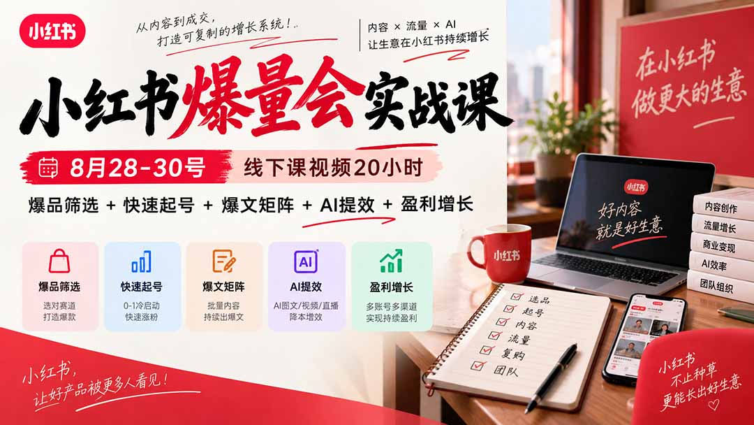 小红书爆量会实战课-更新9月23:线下课视频20小时,爆品筛选+快速起号+爆文矩阵+AI提效+盈利增长-智享云联