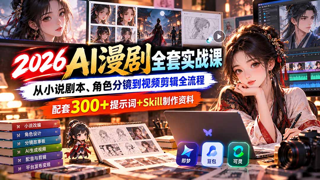 【无水印】2026AI漫剧全套实战课:从小说剧本、角色分镜到视频剪辑全流程,配套300+提示词+Skill制作资料-智享云联