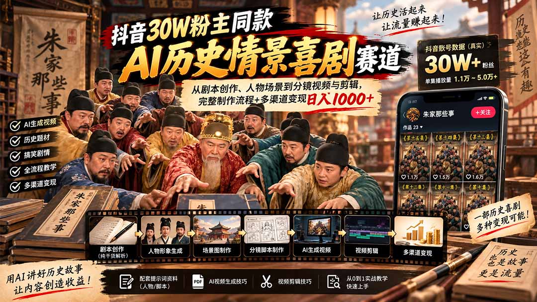 抖音30W粉博主同款AI历史情景喜剧赛道:从剧本创作、人物场景到分镜视频与剪辑,完整制作流程+多渠道变现日入1000+-智享云联