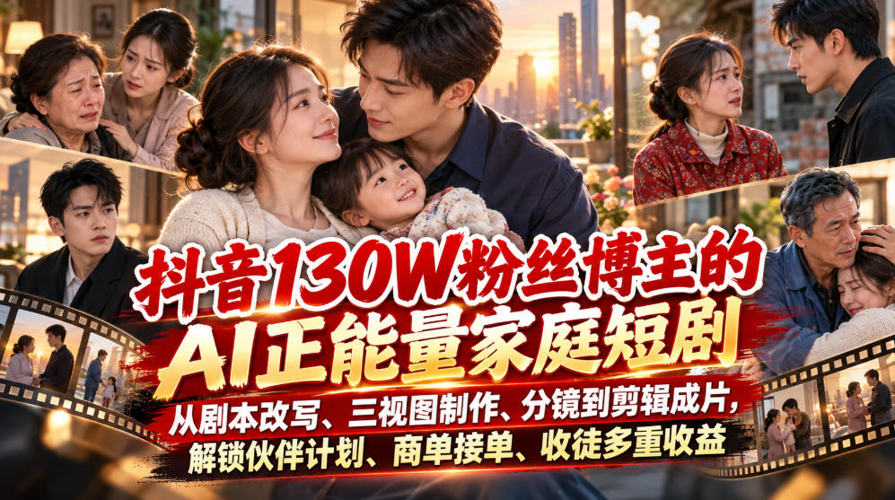 抖音130W粉丝博主的AI正能量家庭短剧，从剧本改写、三视图制作、分镜到剪辑成片，解锁伙伴计划、商单接单、收徒多重收益-智享云联