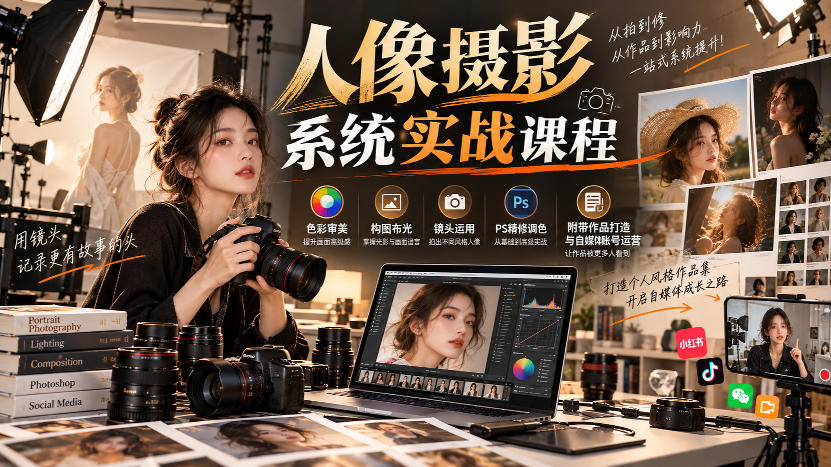 【无水印】人像摄影系统实战课程，色彩审美、构图布光、镜头运用、PS精修调色，附带作品打造与自媒体账号运营-智享云联