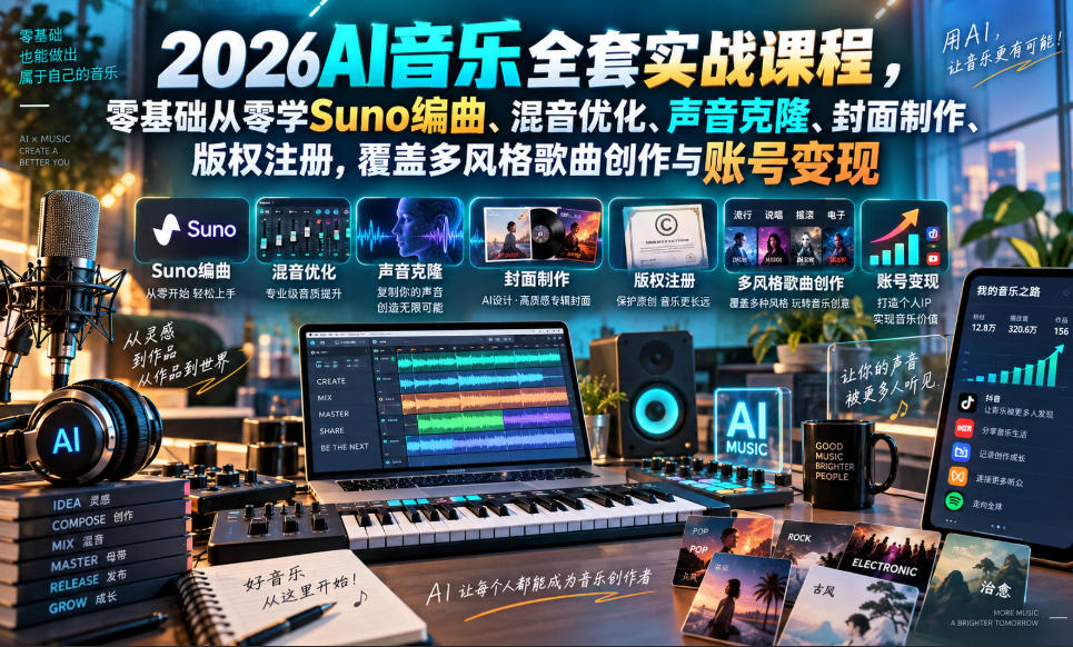 2026AI音乐实战课程，零基础从零学Suno编曲、混音优化、声音克隆、版权注册，覆盖多风格歌曲创作与账号变现(更新0924)-智享云联