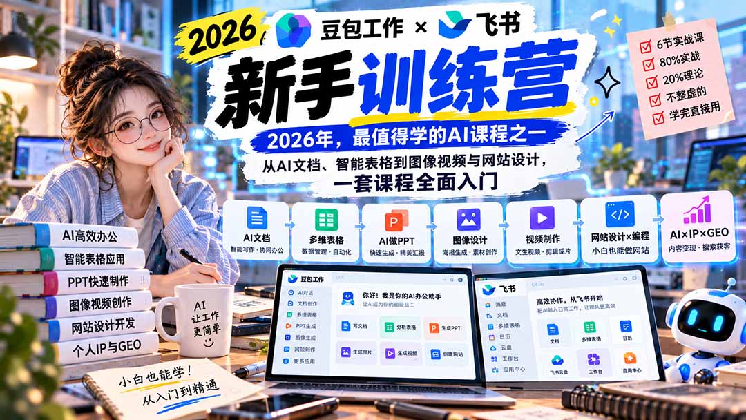 2026豆包工作+飞书新手训练营-9月新课：从AI文档、智能表格到图像视频与网站设计，一套课程全面入门-智享云联
