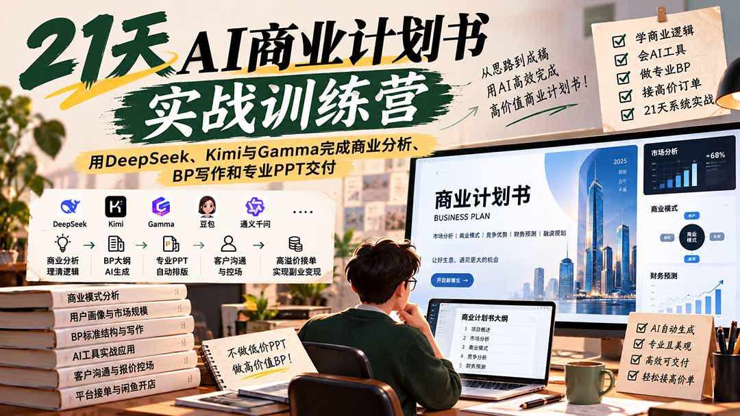 【无水印】21天AI商业计划书实战训练营:用DeepSeek、Kimi与Gamma完成商业分析、BP写作和专业PPT交付-智享云联