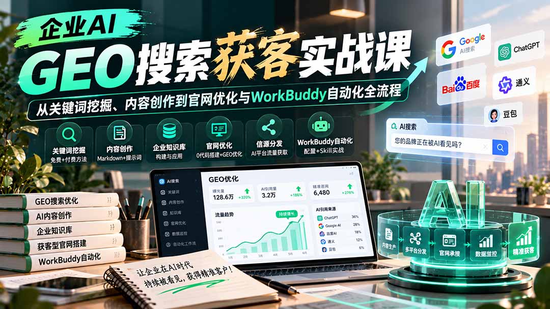 企业AI GEO搜索获客实战课：从关键词挖掘、内容创作到官网优化与WorkBuddy自动化全流程-智享云联