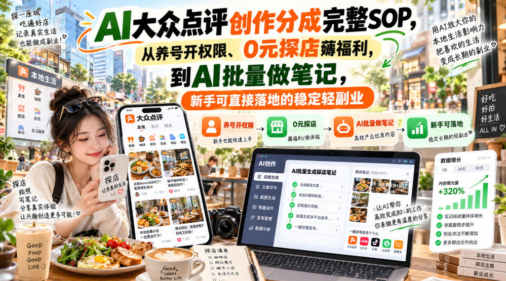 【无水印】AI大众点评创作分成完整SOP,从养号开权限、0元探店薅福利,到AI批量做笔记,新手可直接落地的稳定轻副业-智享云联