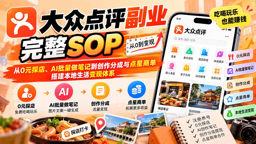 【无水印】大众点评副业完整SOP:从0元探店、AI批量做笔记到创作分成与点星商单,搭建本地生活变现体系-智享云联
